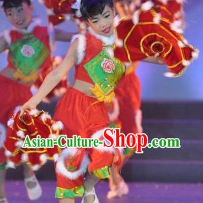 Chinese Spring Festival Handkerchief Dance Costume and Headpiece for Kids