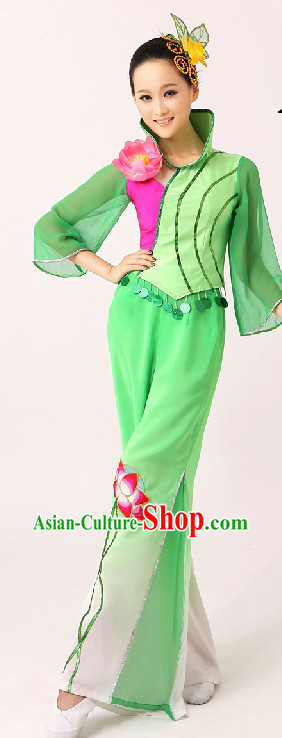 Green Lotus Stage Dance Costume and Headpiece for Women