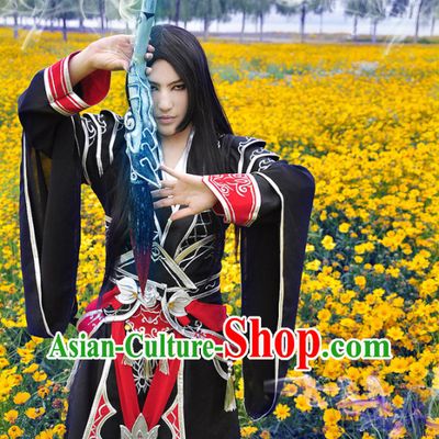 Black Ancient Chinese Swordsman Knight Costume Complete Set for Men