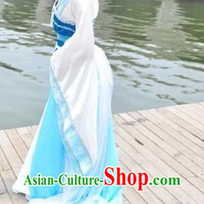 Ancient Chinese White and Blue Lady Clothes and Headpiece