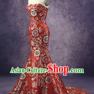 Long Tail Chinese Classic Red Wedding Dress for Women