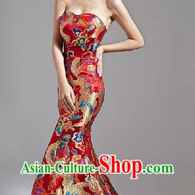 Long Tail Chinese Classic Red Dragon Wedding Evening Dress for Women
