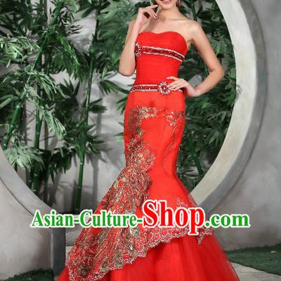 Lucky Red Chinese Style Phoenix Evening Dress for Brides