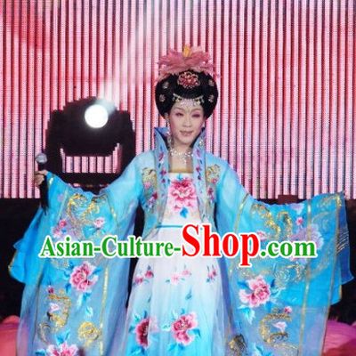 Embroidered Flowers Blue Empress Costumes and Wig for Women