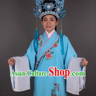 Ancient Chinese Opera Style Xiao Sheng Young Men Blue Costumes and Hat for Men