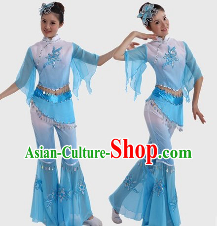 Chinese Classic Blue Fan Dance Costume for Women