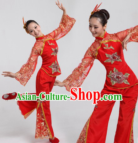 Chinese Classical Yangge Dancing Costume and Headpiece for Women