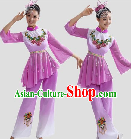 Chinese Classical Purple Fan Dance Costume and Headpiece for Women