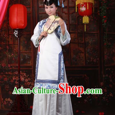 Qing Dynasty White Embroidered Flower Lady Clothing for Women