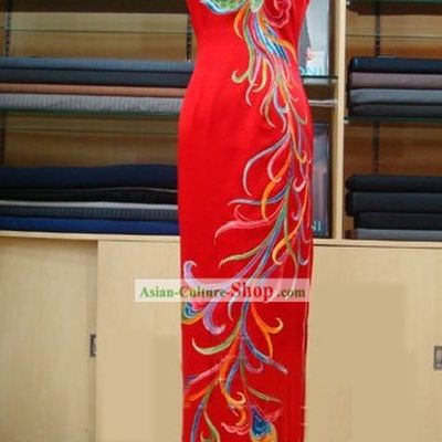 Lucky Red Chinese Embroidered Phoenix Wedding Qipao