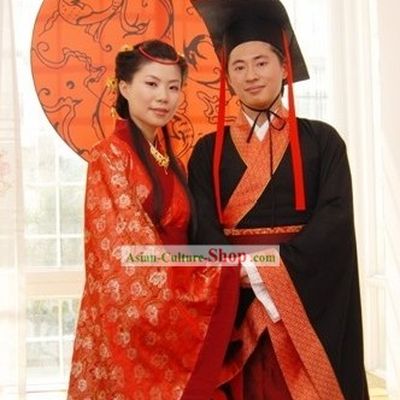 Ancient Chinese Han Dynasty Wedding Attire 2 Sets for Men and Women