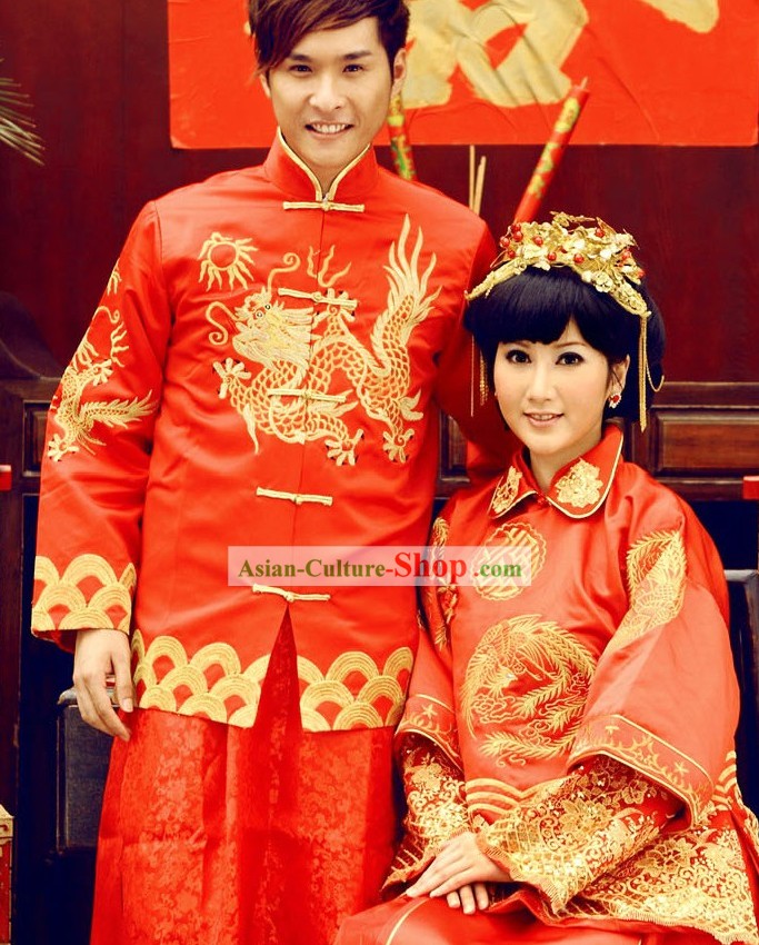 Chinese Classical Embroidered Dragon Phoenix Wedding Dress 2 Complete Sets for Brides and Bridegroom