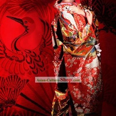 Traditional Embroidered Cranes Japanese Wedding Kimono and Headpiece for Brides