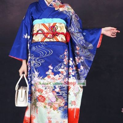 Traditional Japanese Blue Furisode Kimono for Women