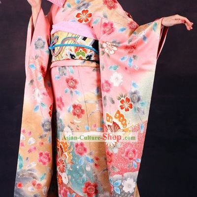 Traditional Japanese Pink Butterfly Furisode Kimono for Women (Sold)