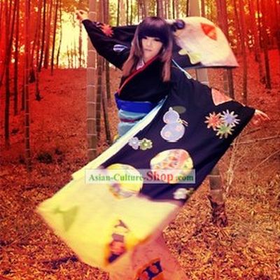 Ancient Japanese Black Kimono Costumes Complete Set