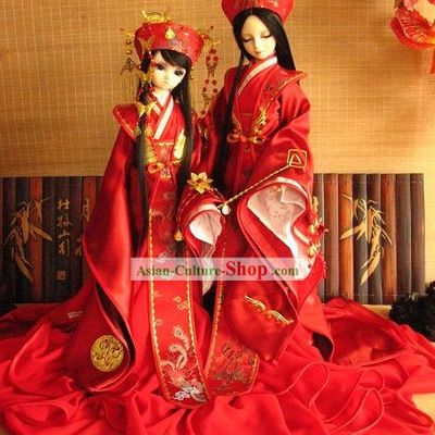 Traditional Chinese Bride and Bridegroom Wedding Dress and Hair Accessories 2 Complete Sets