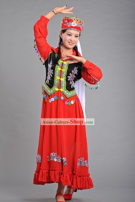 Chinese Xinjiang Red Dance Costume and Hat for Girls