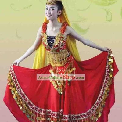 China Xinjiang Uyghur Nationality Female Dance Costume and Hat