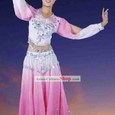Chinese Xinjiang Uyghur Minority Pink Female Dance Costume and Hat