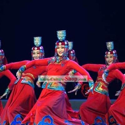 Traditional Mongolian Bowl Dance Costume and Hat for Women