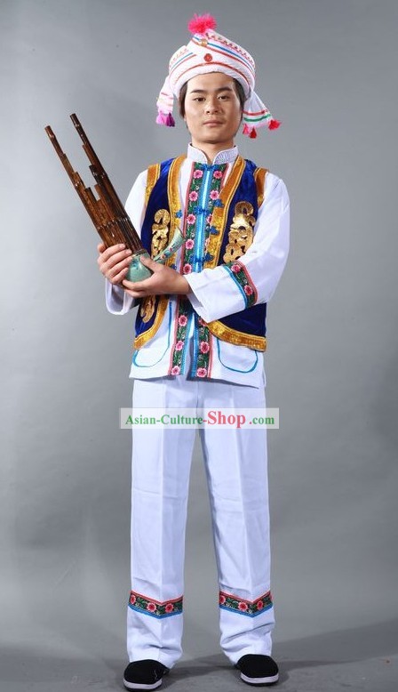 Chinese Yunnan Bai Nationality Dance Costume and Hat for Men