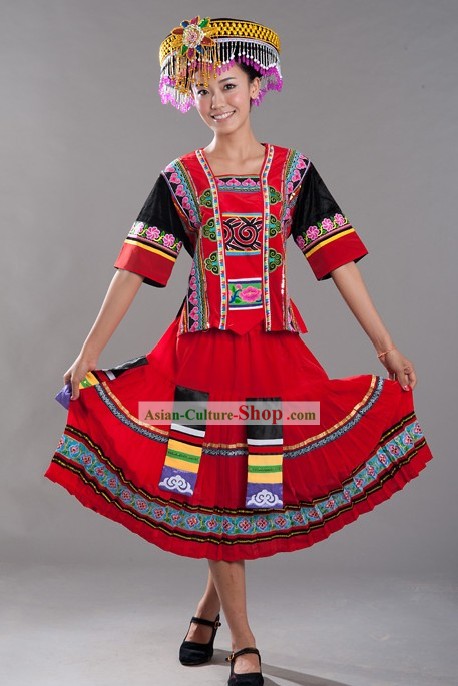 Chinese Miao Nationality Costume and Hat for Women