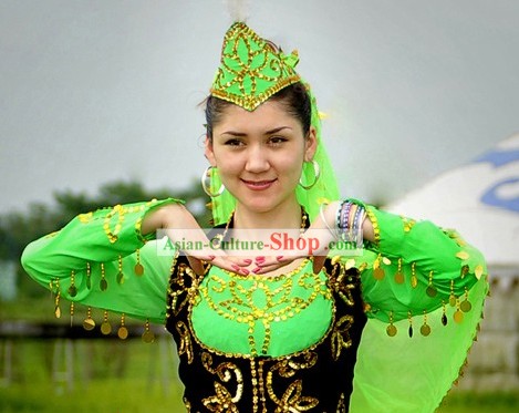 Chinese Xinjiang Green Dance Costume and Hat for Women