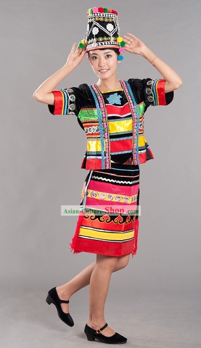 Chinese Hani Nationality Costume and Hat for Women