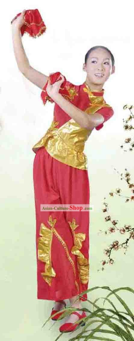 Chinese Han Nationality Yangge Handkerchief Dance Costume for Women