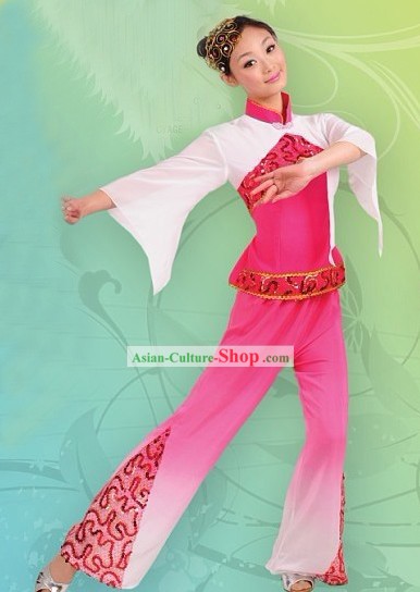 Chinese Pink Folk Dance Costume and Headpiece for Women