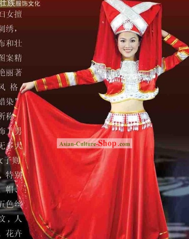 Chinese Zhuang Ethnic Minority Costume and Headpiece for Women