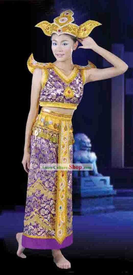 Chinese Dai Ethnic Minority Dance Costume and Headpiece for Women