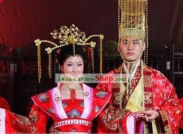 Ancient Chinese Wedding Dress and Headpiece 2 Sets for Men and Women