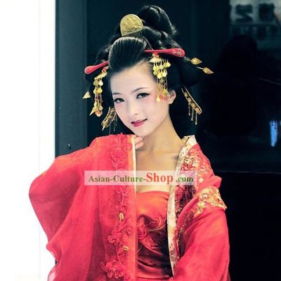 Ancient Chinese Tang Dynasty Bridal Wedding Dress and Headwear