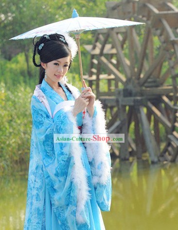 Ancient Chinese Blue Lady Costume and Headwear Complete Set
