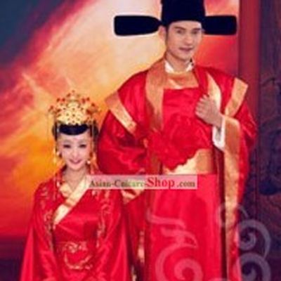 Chinese Classical Wedding Dress Two Complete Sets for Bride and Bridegroom