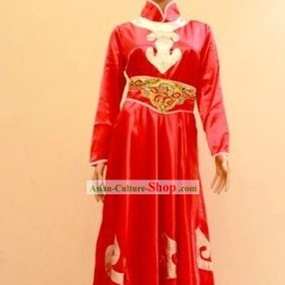 Traditional Mongolian Red Dance Costumes and Hat