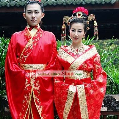 Chinese Classical Wedding Dresses and Headpieces Two Sets for Men and Women