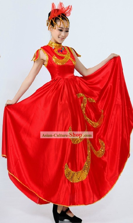 Traditional Chinese Red Dance Costume and Headpiece for Women