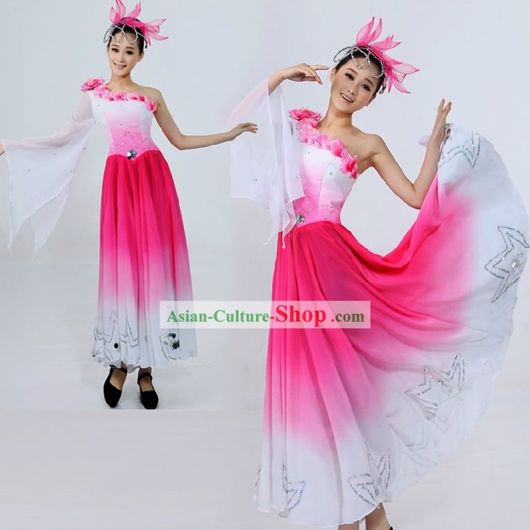 Traditional Chinese Pink Flower Dance Costume and Headpiece for Women