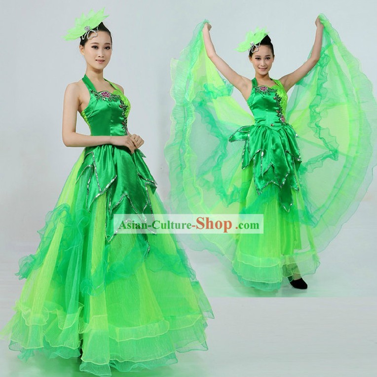 Traditional Chinese Green Opening Dance Costume and Headpiece for Women