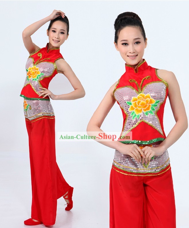 Traditional Yangge Folk Fan Dance Costume and Headpiece for Women