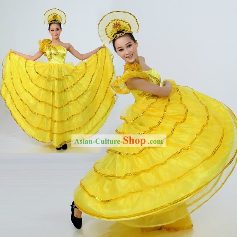 Chinese Modern Yellow Dance Costume and Headpiece for Women