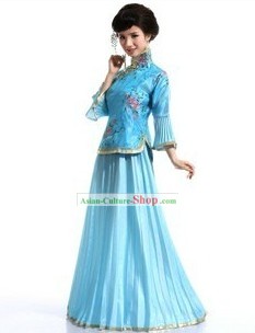 Traditional Chinese Blue Fan Dance Costumes