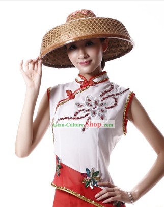 Color Transition Fan Dance Costume and Bamboo Hat Complete Set