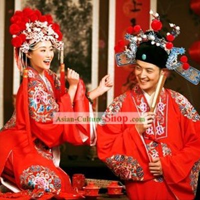 Traditional Mandarn Wedding Dress and Hat Two Complete Sets for Couple