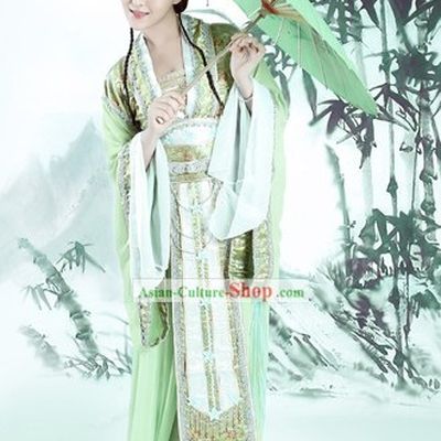 Ancient Chinese Green Lady Costume and Umbrella Complete Set