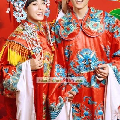 Traditional Mandarin Wedding Clothing Two Complete Sets for Bride and Bridegroom