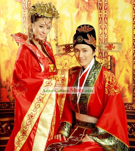 Chinese Classical Wedding Dress Two Complete Sets for Bride and Bridegroom
